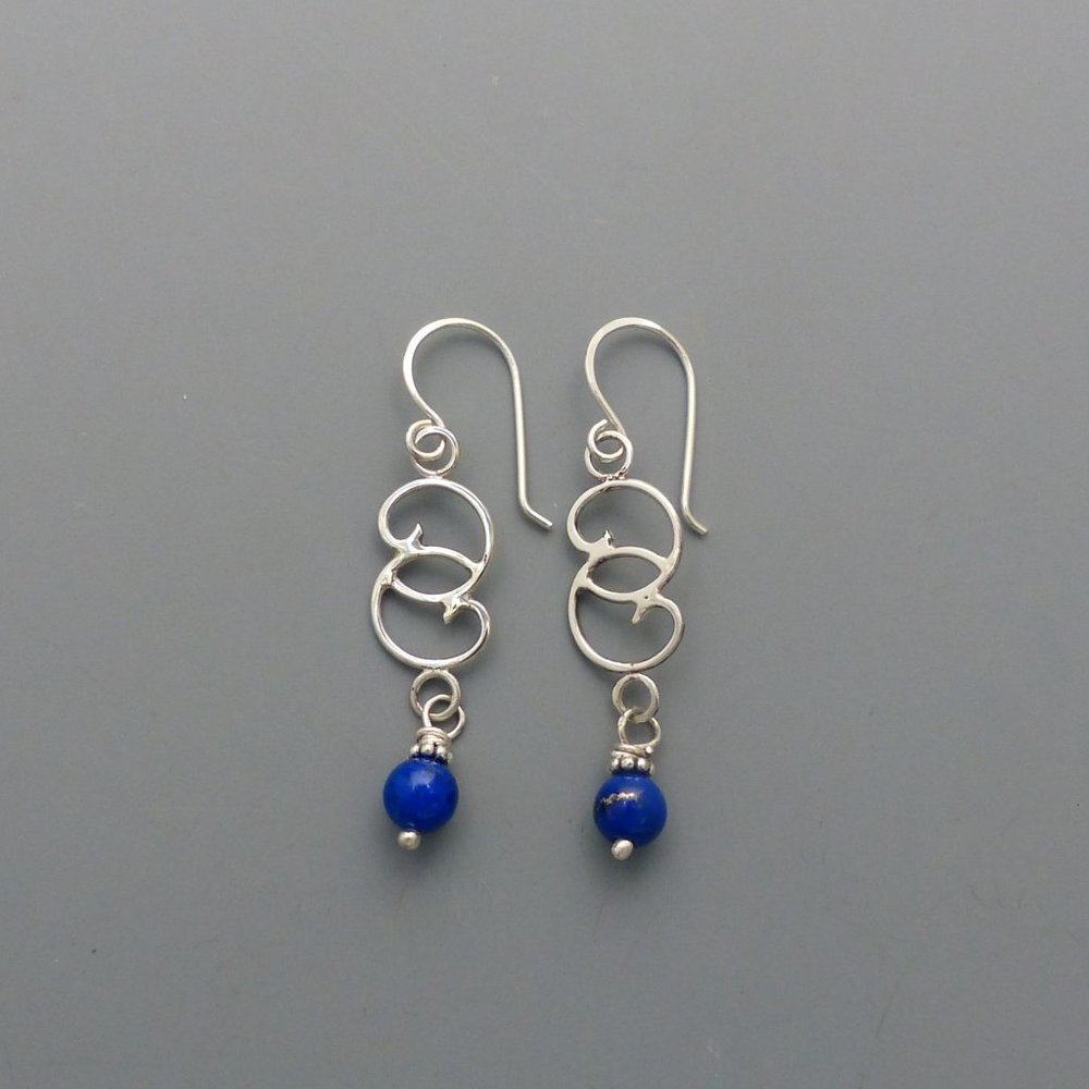 Sterling Silver Swirls with Lapis Beads Dangle Earrings